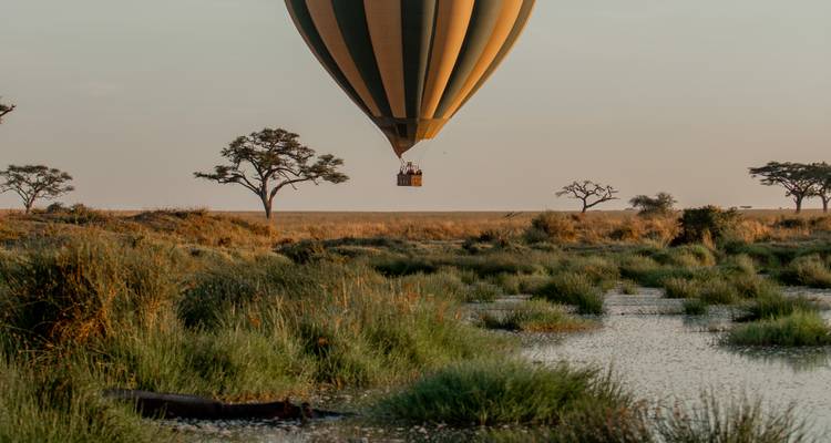 Luchtballon zweeft laag over moerassige wetlands met verspreide acacia's in gouden avondlicht