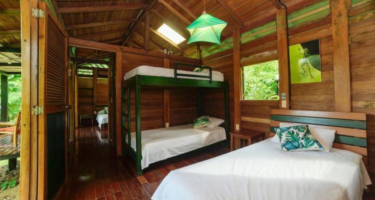 Interior de una cabaña de madera con literas