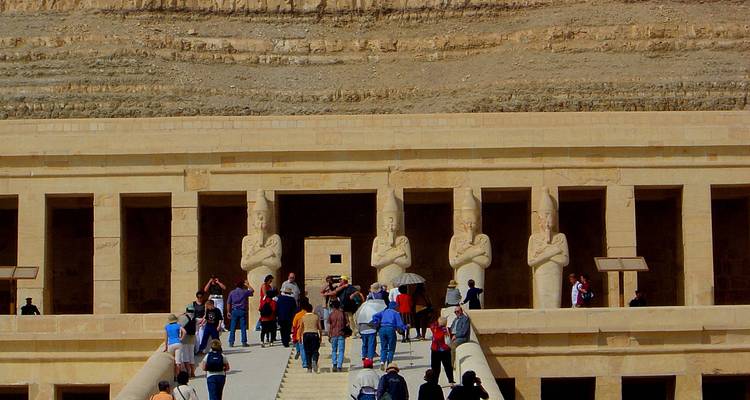 Tourists walking towards the Mortuary Temple of Hatshepsut.