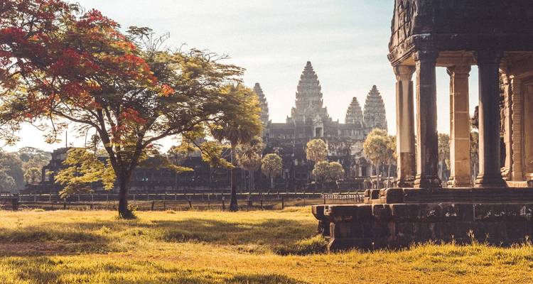 Complexe du temple d'Angkor Vat vu à travers les arbres.