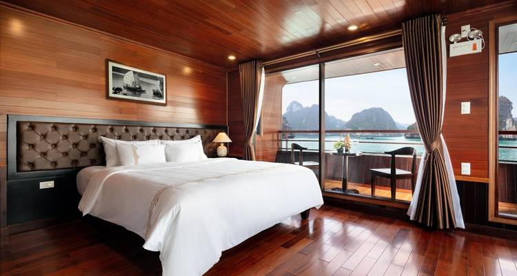 Luxurious cabin room with a view of Halong Bay.