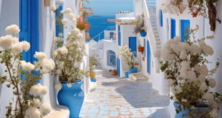 Callejón encantador con paredes encaladas, molduras azules y flores.