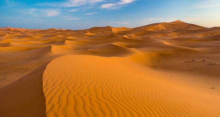 Vastas dunas de arena ondulantes bajo un cielo azul brillante.