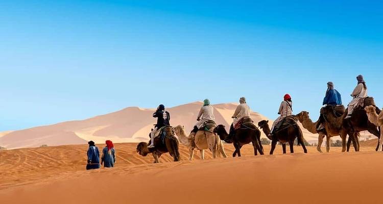 Groupe de personnes à dos de chameaux traversant des dunes de sable sous un ciel bleu dégagé.