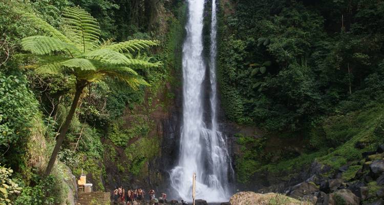 Cascade avec une végétation luxuriante et des gens rassemblés au pied.