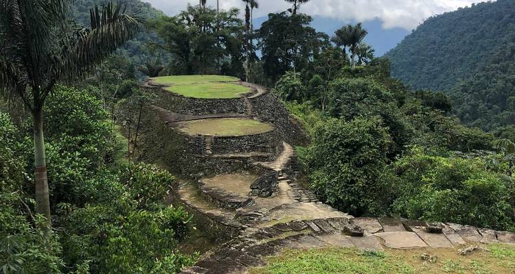 Gut erhaltene antike Terrassen, umgeben von Dschungel.