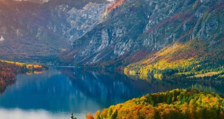 Herfstbossen en bergwanden die zich spiegelen in het rustige blauwe water van het Bohinj-meer