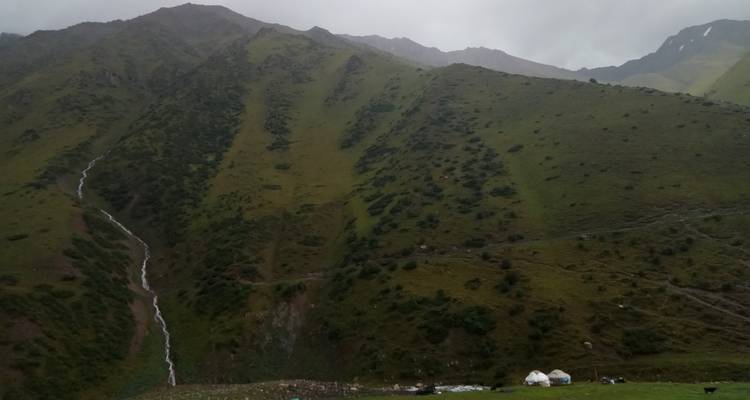 Vue éloignée de yourtes traditionnelles dans un paysage montagneux.