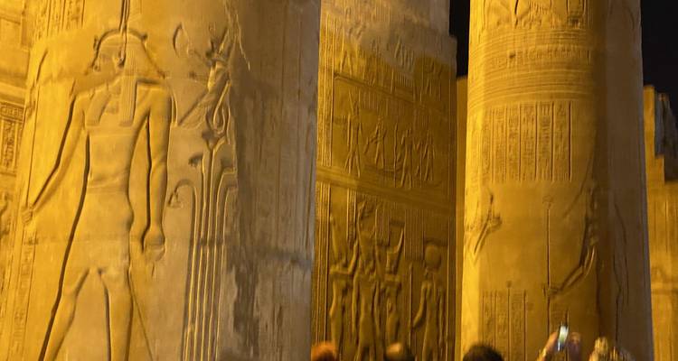 Ancient Egyptian columns with hieroglyphs.