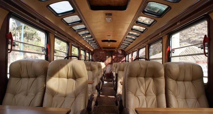 Interior de un tren con asientos de cuero marrón claro.