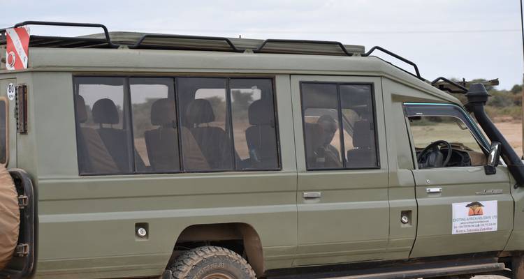 Safari-Fahrzeug in einer kenianischen Parklandschaft.