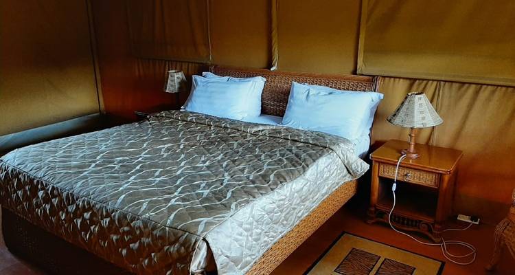 Alojamiento rústico en tienda de campaña con cama doble.