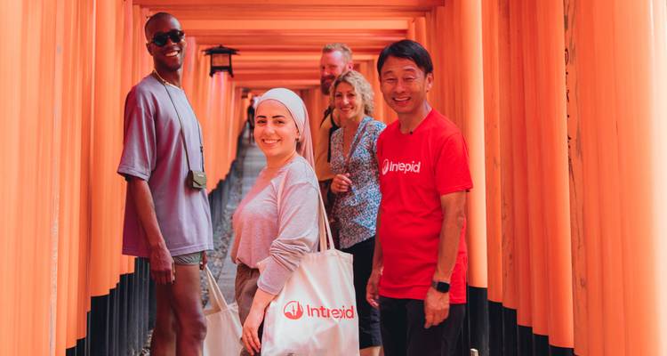 A group of people walking through a pathway with red torii gates.