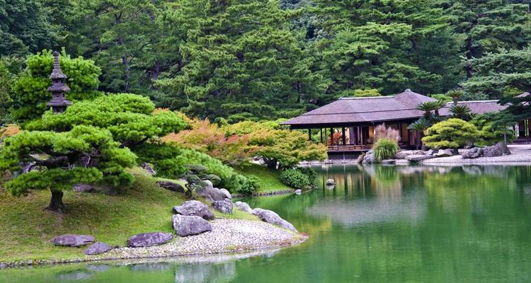 Tranquilo jardín japonés con estanque verde, árboles exuberantes, rocas y un pabellón tradicional a la orilla del agua.