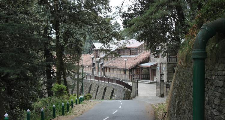 Steingebäude, umgeben von üppigem grünem Wald und Straße.