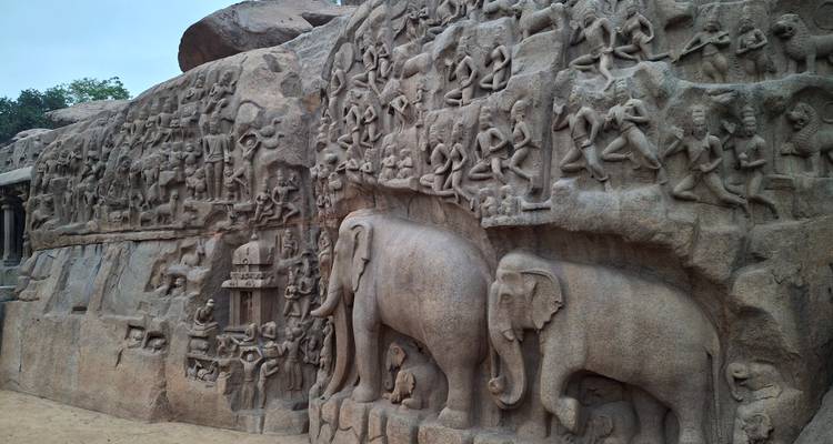 Oud rotsreliëf met olifanten en mythologische figuren in Mahabalipuram.