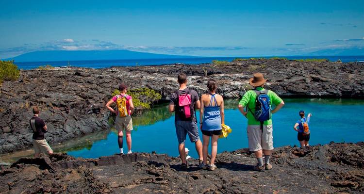 A group of people sightseeing around a volcanic landscape.
