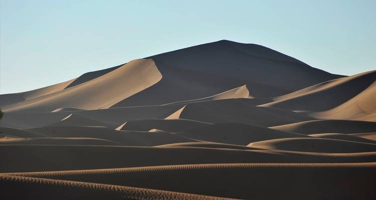 Weite Sanddünen, die sich unter einem klaren Himmel erstrecken.
