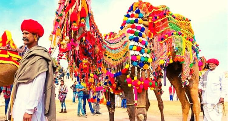 Kleurrijk versierde kamelen en traditioneel geklede ruiters.
