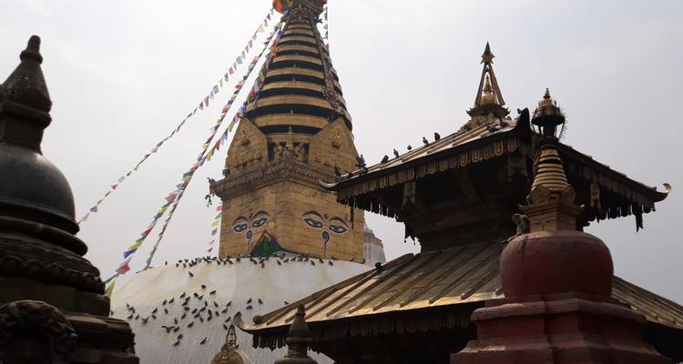 Die goldene Spitze und die Buddhaaaugen von Swayambhunath ragen über Dachstupen gegen einen dunstige Himmel empor.