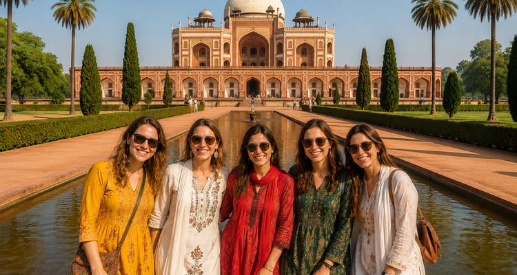 Des amis vêtus de costumes indiens colorés souriant devant le bassin de réflexion du Tombeau d'Humayun.