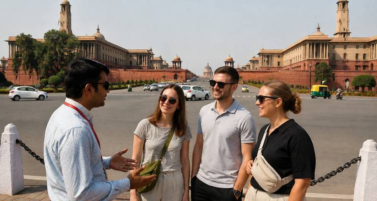 Guide parlant avec des voyageurs sur l'avenue cérémonielle flanquée de bâtiments gouvernementaux à New Delhi.