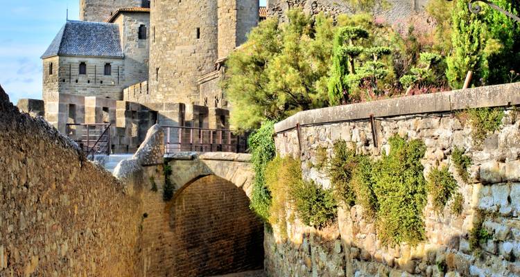 Les murs de pierre et les tours de la cité médiévale de Carcassonne avec une promenade sur les remparts ensoleillée, bordée de vignes.