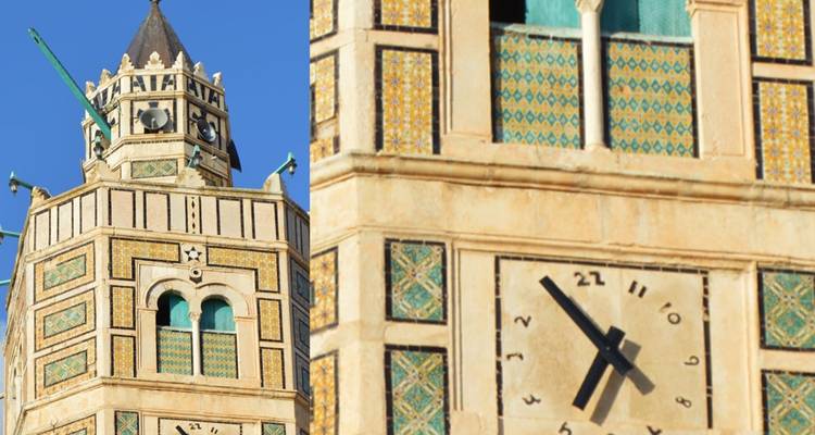 Torre intrincada y detalles del reloj con azulejos coloridos.