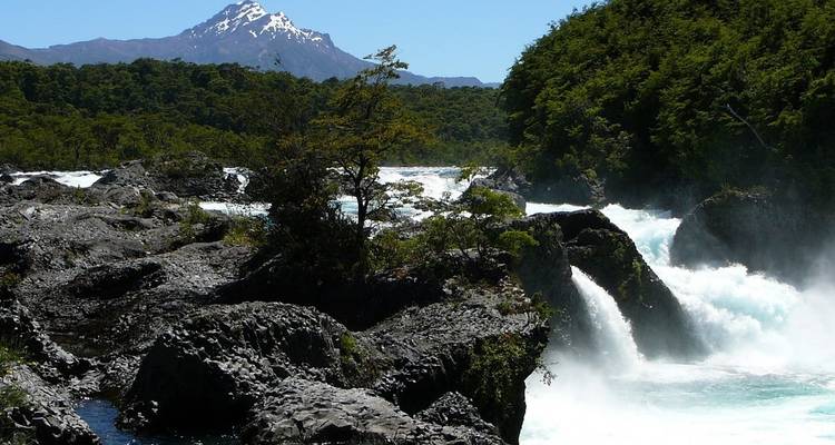 Río de montaña con rápidos, rodeado de vegetación.