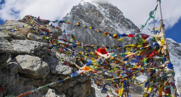 Kleurrijke gebedsvlaggen met een besneeuwde bergtop op de achtergrond.