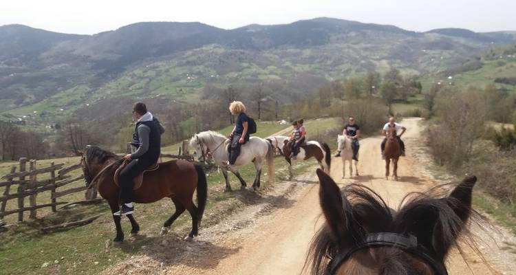 Group of people horse riding along a mountain path.
