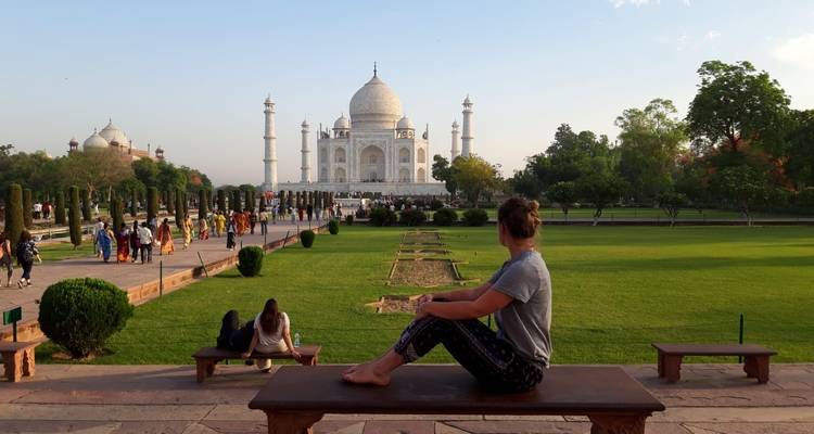 Persona sentada observando el Taj Mahal desde los jardines.