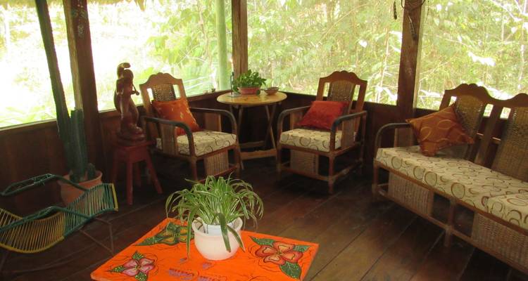 Een gezellige zithoek met houten meubels en een plant.