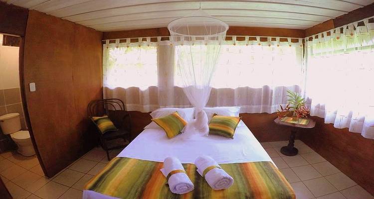 Een binnenaanzicht van een gezellige kamer met een bed en muskietennet.