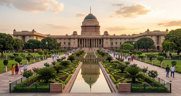 Luz de atardecer sobre el Rashtrapati Bhavan y los jardines simétricos de estilo mogol llenos de visitantes.