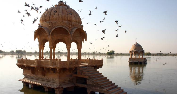 Un pavillon sur l'eau entouré d'oiseaux au crépuscule.