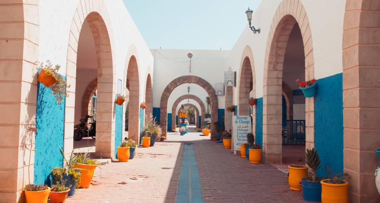 Arcaded walkway with white walls and blue accents decorated with orange flowerpots.