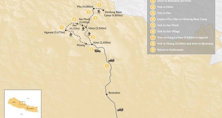 Kartenillustration mit Details einer Trekkingroute in Nepal.