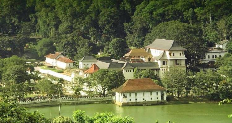 Tempelgebäude an einem See mit üppigen Bäumen