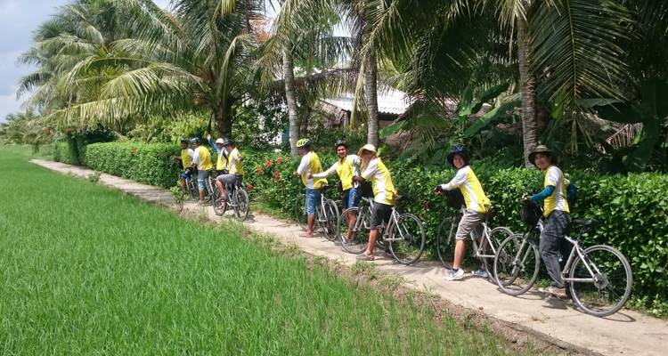 Groep fietsers poseert op een pad omgeven door groen.