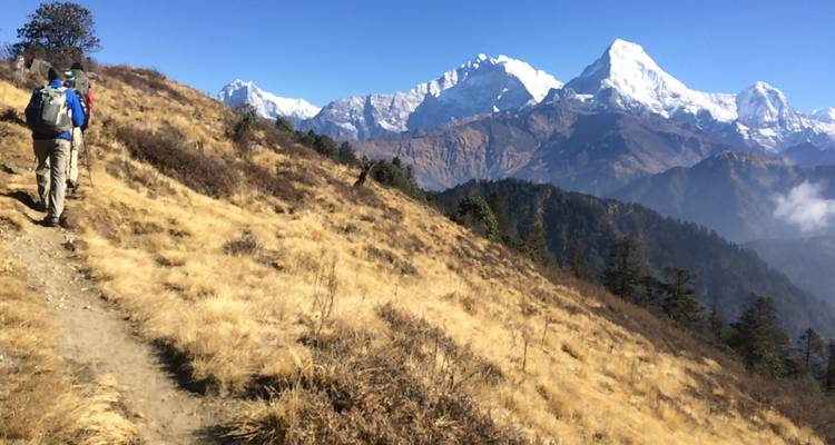 Wandelaars die langs een bergpad trekken met een besneeuwde bergachtige achtergrond.