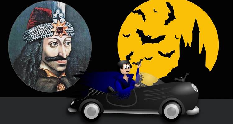 Illustration du château de Dracula avec des chauves-souris et une icône de voiture.