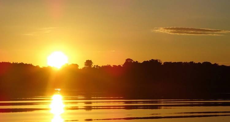 Atardecer sobre un río tranquilo con silueta de árboles.