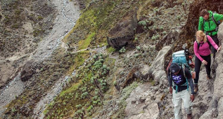 Group hiking with rocky terrain in the background.