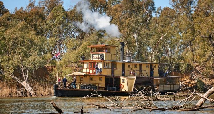 A paddle steamer on the river with people on board, surrounded by trees.