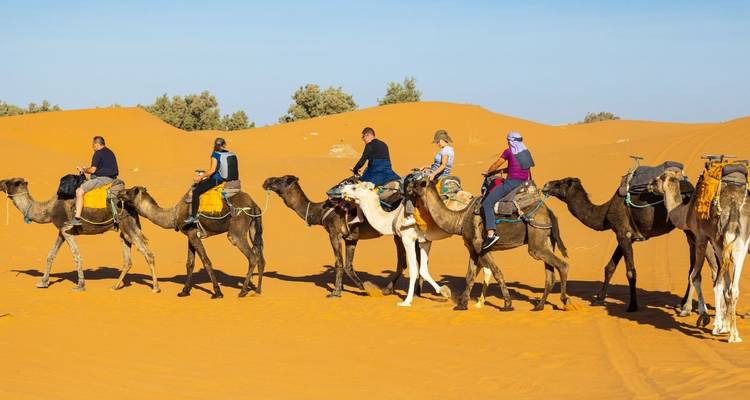 Gruppe von Menschen, die auf Kamelen in Sanddünen unter blauem Himmel reiten.