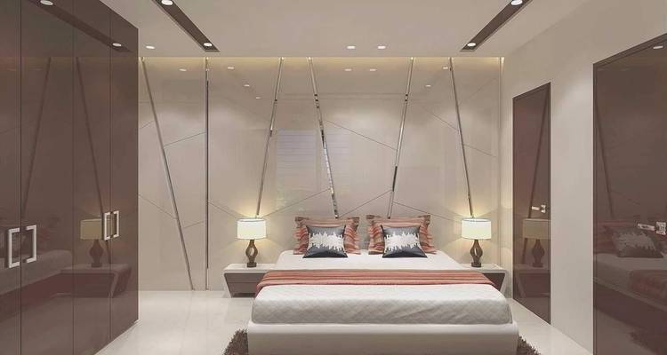 Habitación de hotel moderna y elegante con cama doble.