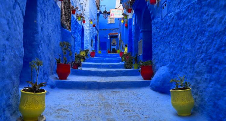 Een levendige blauwe steeg in Chefchaouen omzoomd met kleurrijke potten en trappen die naar boven leiden.