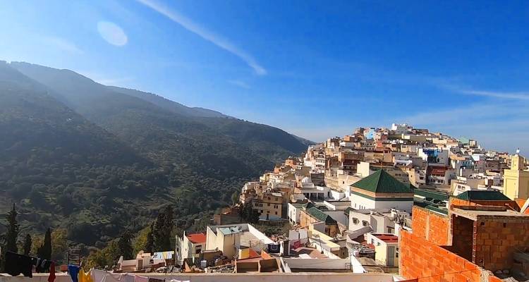 Kleurrijke blauw-witte heuvelhelling stad omlijst door beboste bergen onder een levendige hemel