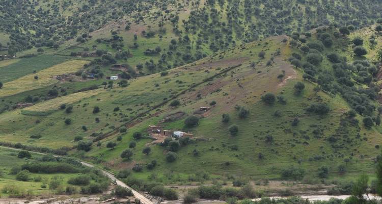 Vue aérienne d'un paysage vallonné avec des maisons dispersées et de la verdure.